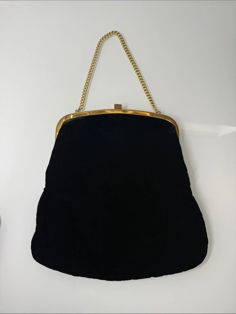 Vintage 1950s Black Velvet Bag Gold Chain Clasp Purse Mid Century